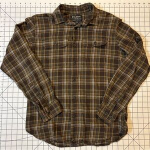Filson Men's Size Small Brown and Gold Plaid Cotton Flannel Scout Shirt